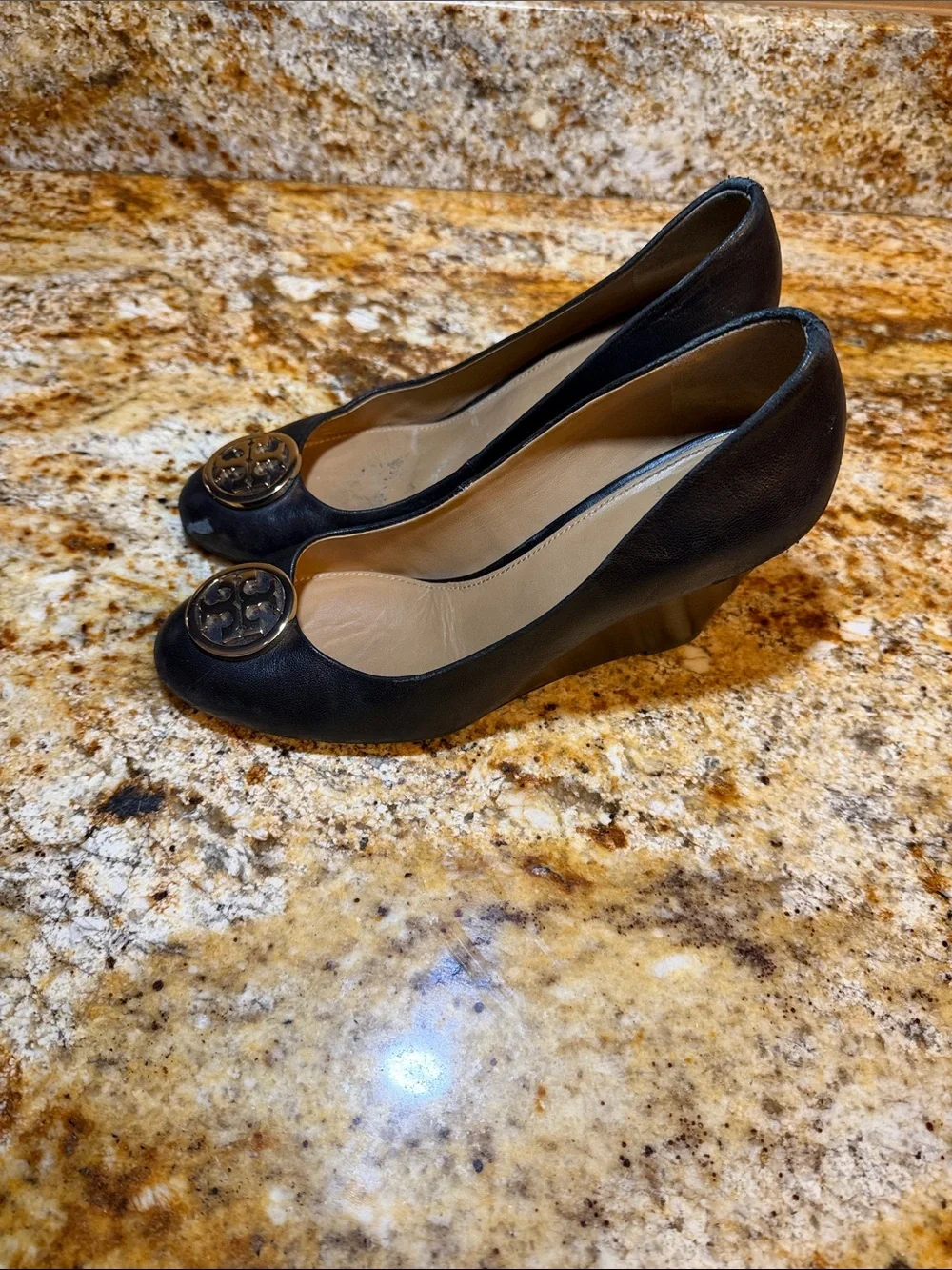 Tory Burch Black Leather Logo Pump with Gold Emblem